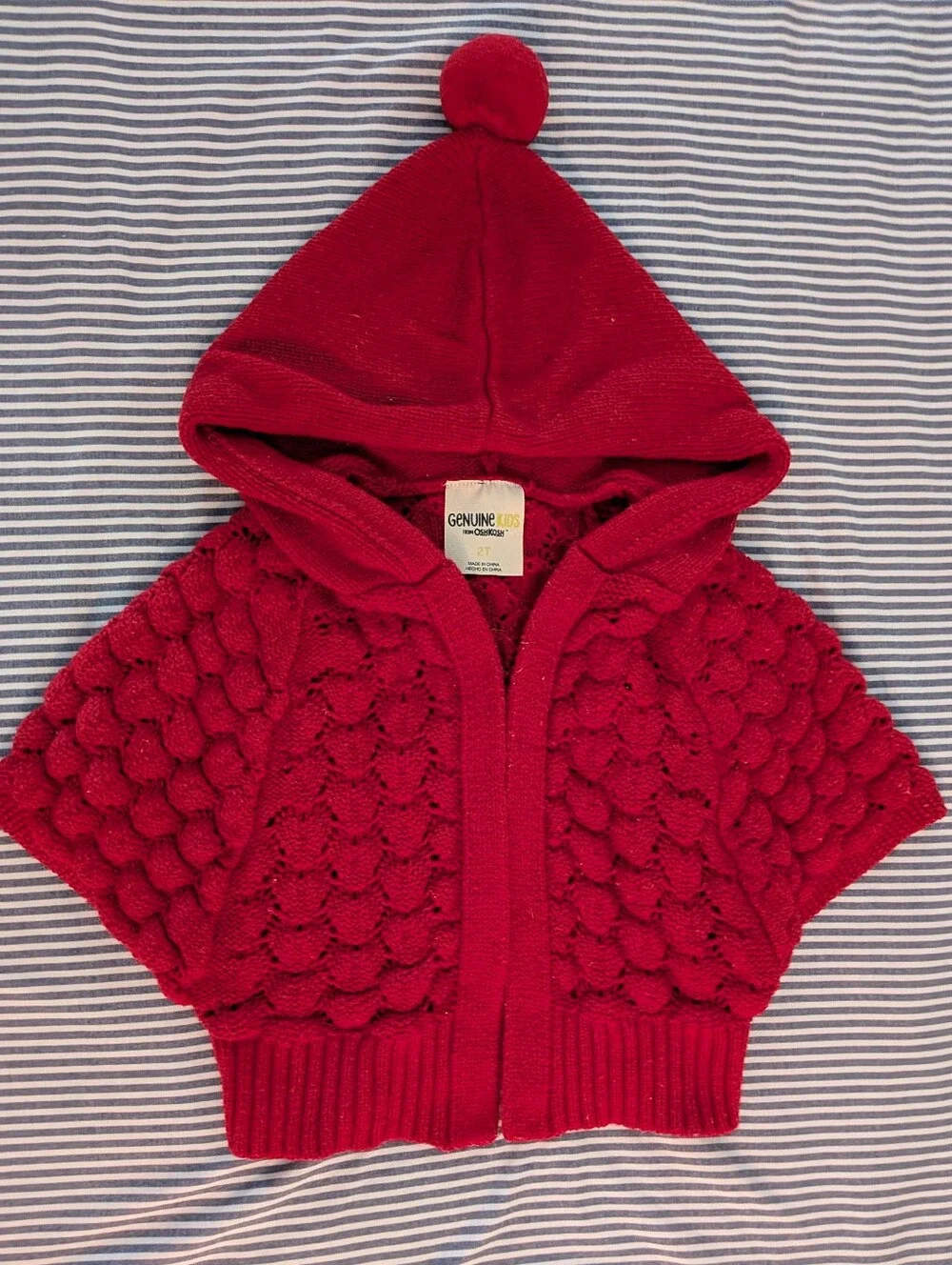 Genuine Kids Oshkosh Red Hooded Knit Sweater Capelet Cape/Cardigan with Pompom